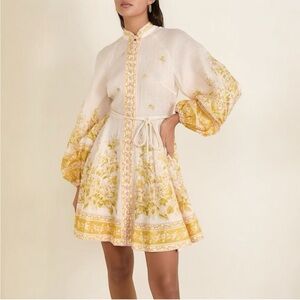Zimmermann White and Yellow Floral Tie-Waist Mini Dress